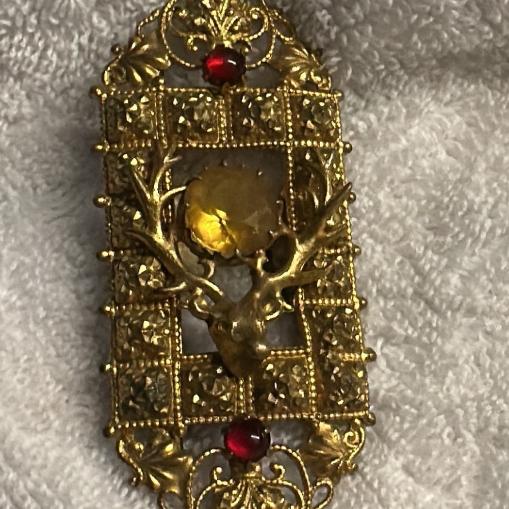 Vintage Gold and Red Deer 1/2 belt clasp brass likely crystal gems Coachella